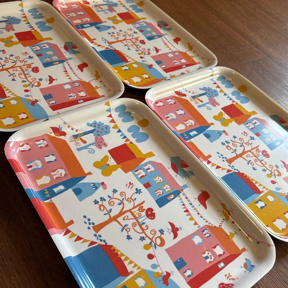 IKEA Set of 4 Colorful Melamine Serving Trays Birds Houses Scandinavian Design